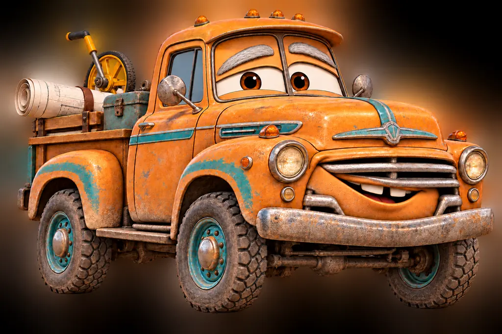 Pa Pop as a smiling vintage orange and turquoise roadwork pickup with a playful gap-toothed grin