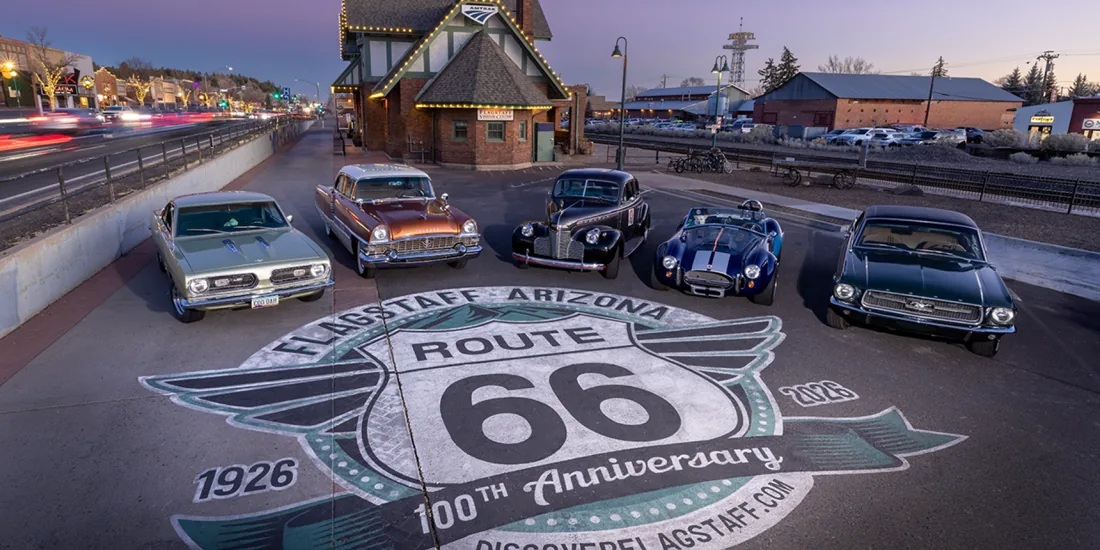 Vintage cars at the Flagstaff Route 66 mural