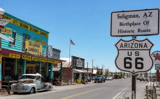 Historic Route 66 sign on Seligman's main street